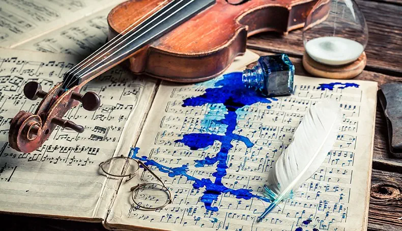 NOTES, VIOLIN, INK, QUILL, BLOT