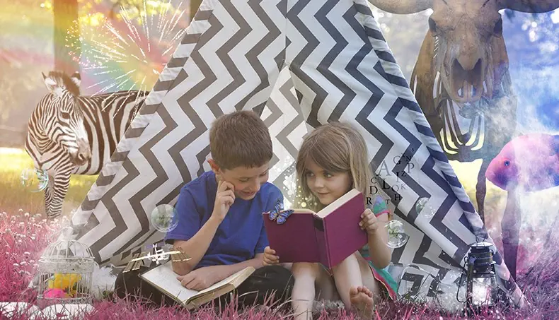BOOK COVER, CHILDREN, ANIMALS, FANTASY, WIGWAM