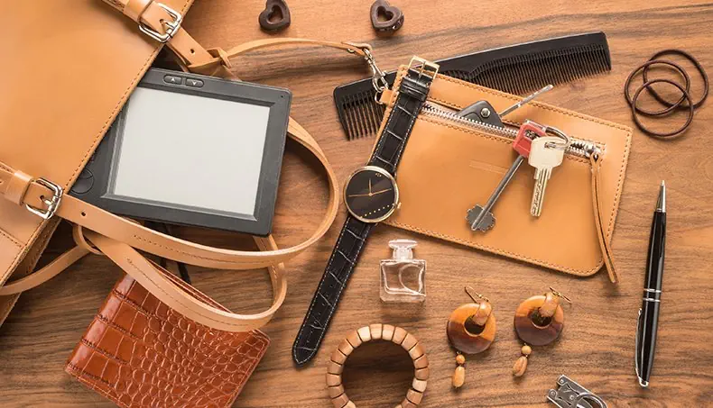 PERFUME, BRACELET, KEYS, COMB, EARRINGS