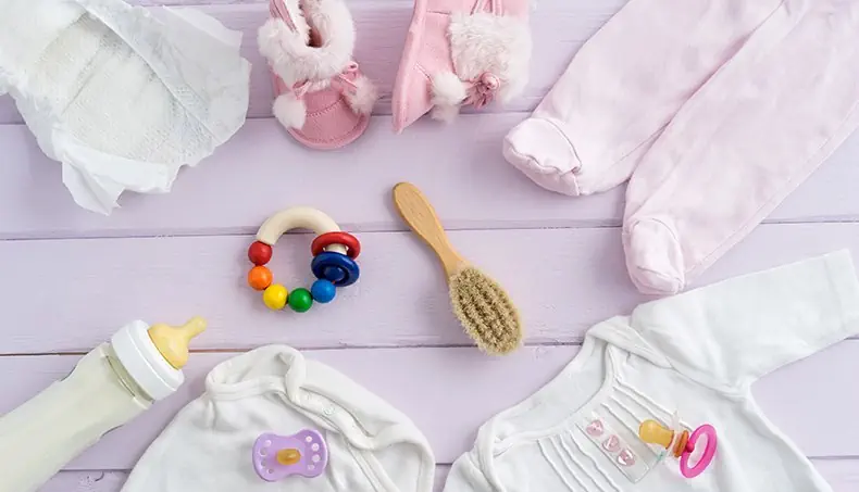 BABY RATTLE, TEAT, DIAPER, ROMPER SUIT, CLOTHES