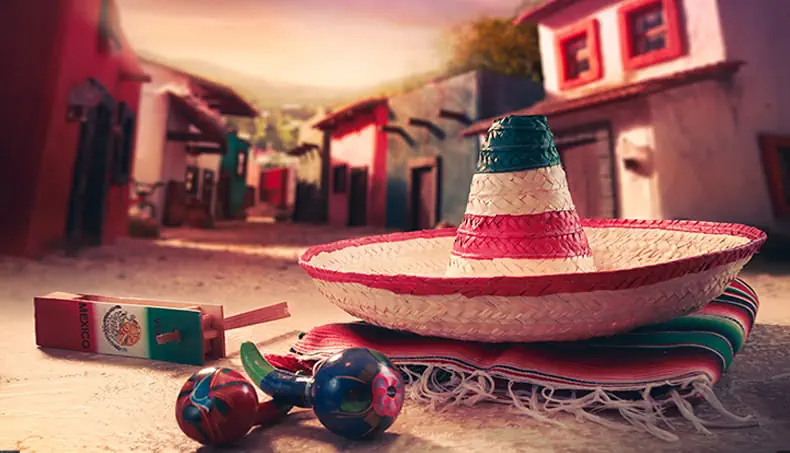 MEXIQUE, SOMBRERO, MARACAS, FRANGE, RUE
