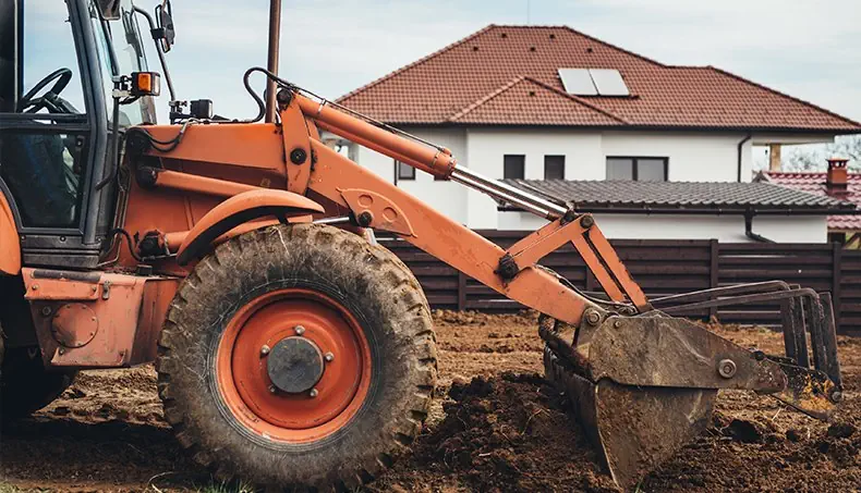 EXCAVATOR, BUCKET, STEERING WHEEL, ROOF, ROOF TILES