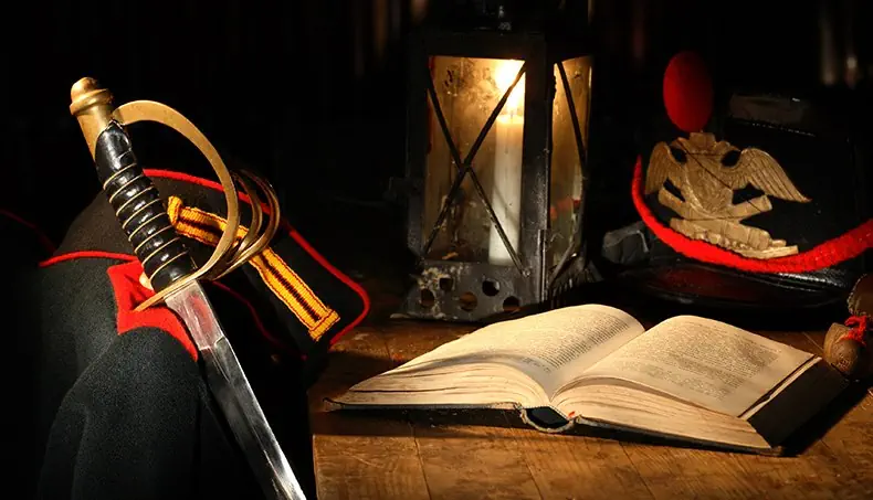 COAT OF ARMS, SABER, BOOK, LANTERN, CANDLE